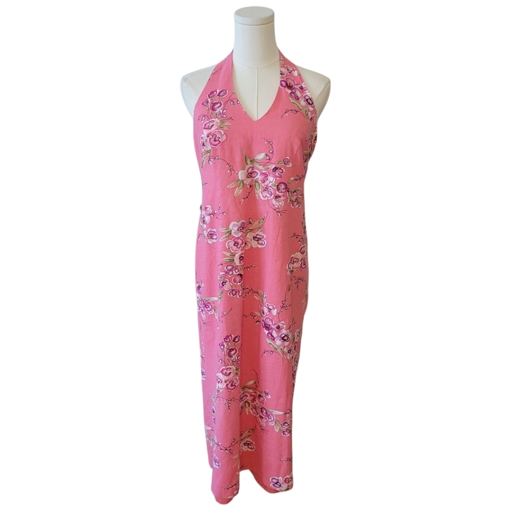 Vintage Miss Darby Pink Halter Beaded Floral Midi Dress Size 8 Petite
